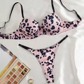 Pink leopard print lingerie set with adjustable straps on a white silk background - Pink Leopard