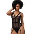 Body sexy in rete nera trasparente con design a spalline incrociate su sfondo bianco - Taglia S / Nero