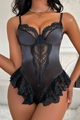 Dettaglio del body in raso nero con pizzo floreale e coppe con ferretto strutturato - S / Nero