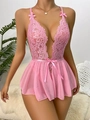 Sexy camicia da notte in pizzo rosa con profondo scollo a V e design all'americana - S / Rosa