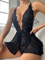 Elegante camicia da notte in pizzo nero e mesh con scollo a V e fiocchi di raso - S / Nero