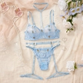 Three-piece coquette lace bra set in light blue with elegant butterfly embroidery - S / Light Blue