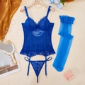 Set lingerie in pizzo blu navy con reggicalze, perizoma e calze velate coordinate - S / Blu
