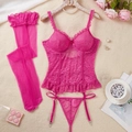 Completo intimo in pizzo orchidea fucsia con corsetto e calze autoreggenti - S / Rosa Rosso