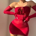 Sheer red bodycon lace-up mini dress with matching long sleeve covers and ruched mesh detail - S / Red