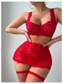 Nahaufnahme des roten floralen Spitzen-Lingerie-Sets mit Schleifen und Netzstrümpfen - S / Rot