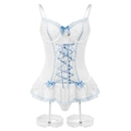 Detailansicht des weißen Spitzen-Bodysuits mit blauen Schleifen und transparentem Netz - S / Weißblau