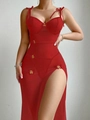 Robe lingerie sexy en maille rouge transparente avec broderie papillon dorée - Rouge