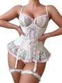 Light blue lace bodysuit with pink bows and vintage corset-style criss-cross ribbons - White Pink
