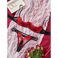 Set lingerie in pizzo con ricami a rose rosse e perizoma aperto su seta rossa - S / Nero + Rosso