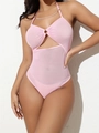 Detail of pink mesh bodysuit featuring cutout design and decorative pearl metal chain - S / Pink