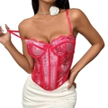 Top corsé rosa con estampado de periódico y encaje con varillas para mujer - S / Rosa Rojo