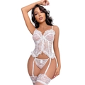 Ensemble lingerie 3 pièces en dentelle florale blanche avec corset, string et bas - M / Blanc
