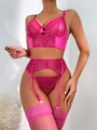 Set lingerie in pizzo magenta con reggiseno lungo, reggicalze e calze abbinate - Rosso rosa