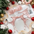 Conjunto de lencería de malla rosa con sujetador con aro, liguero y tanga para mujer - S / Rosa