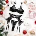 Conjunto de lencería de tres piezas en malla negra con sujetador con aro y adornos navideños - S / Negro