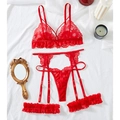 Ensemble de lingerie rouge sexy en dentelle brodée avec soutien-gorge et porte-jarretelles - S / Rouge