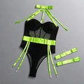 Dettaglio di cinturini verde neon e body in mesh nero con reggicalze e colletto - S / Verde Neon & Nero