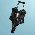 Schwarzer Kunstleder-Body mit transparenten Mesh-Einsätzen und Schnürung für Damen - S / Schwarz
