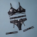 Conjunto de lencería negra de 4 piezas en malla con liguero y herrajes metálicos - S / Sujetador Y Bragas Y Liguero Y Correas Para Las Piernas / Negro