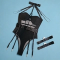 Dreiteiliger schwarzer Techwear-Body mit Mesh-Einsatz, Bügel-Cups und Strumpfband-Details - S / Schwarz