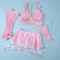 Rosa Netzunterwäsche-Set mit Goldketten, inklusive BH, String, Rock und Ärmeln - S / Rosa