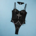 Schwarzer Netz-Body mit silbernen Metallketten und Neckholder-Kragen für Damen - S / Schwarz
