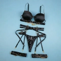 Sexy schwarzes vierteiliges Dessous-Set mit goldenen Metallketten und Satin - L / Schwarz