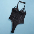 Schwarzes Netz-Body-Dessous-Set mit verstellbaren Trägern und Metallring-Halsband - S / Schwarz