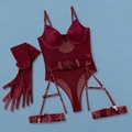 Sexy weinrotes Mesh-Bodysuit-Set mit Strapsen und passenden Handschuhen für Damen - S / Burgunderrot