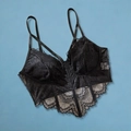 Sexy zwarte kanten bralette top met transparante bloemenpatronen en dunne bandjes - S / Zwart