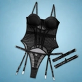Body sexy da donna in mesh nero con stecche di corsetto e reggicalze in taglia S - S / Nero