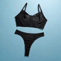 Two-piece black mesh lingerie set with longline wired bra and matching thong - S / Black