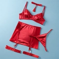 Set lingerie sexy in raso rosso da 6 pezzi con reggicalze e girocollo da donna - S / Rosso