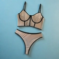 Sexy beige sheer mesh lingerie set with black contrast trim and underwire support - S / Khaki