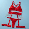 Ensemble lingerie punk rouge 3 pièces avec anneaux métalliques et porte-jarretelles - Rouge