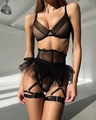 Sexy vierteiliges Dessous-Set aus schwarzem Netzstoff und Spitze mit Bügel-BH und Strapsen - L / Schwarz