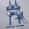 Ensemble de lingerie 3 pièces en dentelle bleu roi avec broderie florale et porte-jarretelles - S / Bleu