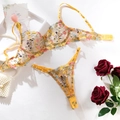 Ensemble lingerie en tulle jaune sexy avec broderies florales et armatures - S / Jaune