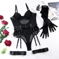 Dreiteiliges schwarzes Mesh-Bodysuit-Set mit langen Handschuhen und Strumpfbandriemen - S / Schwarz