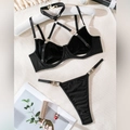 Sexy black velvet lingerie set with halter neck, gold buckles and cutout strap details - S / Top And Bottom / Black