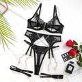 Sexy schwarzes Spitzenunterwäsche-Set mit Metallketten, Strapsgürtel und passenden Beinbändern - S / Schwarz