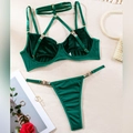 Sexy dark green velvet lingerie set with halter neck and strappy thong in size S - S / Top And Bottom / Dark Green