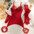 Détail de l'ensemble lingerie en résille rouge avec strass et longues bretelles à nouer - S / Paillettes Rouges