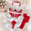 Red and white lace lingerie set with corset, garter, thong, stockings, and neckpiece - Red