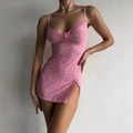 Pink leopard print camisole dress with lace trim and high side slit detail - S / Pink Leopard