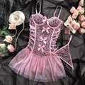 Detailed view of pink leopard print mesh lingerie set with bows and side lacing - M / Pink Leopard