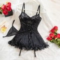 Detailed view of sexy black lace babydoll with underwire cups and garter straps - S / Black