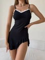 Vestido corto ajustado negro con encaje blanco y dobladillo asimétrico para mujer - S / Negro