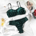 Elegant dark green satin lingerie set with ruched texture and silk luster finish - S / Top And Bottom / Dark Green